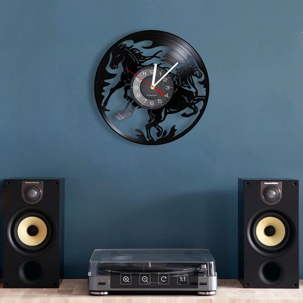 Nature Black Running Horses Equine Wall Art Wild Horses Clock Vintage Vinyl Record Wall Clock Horse Lover Home Decor Accessories