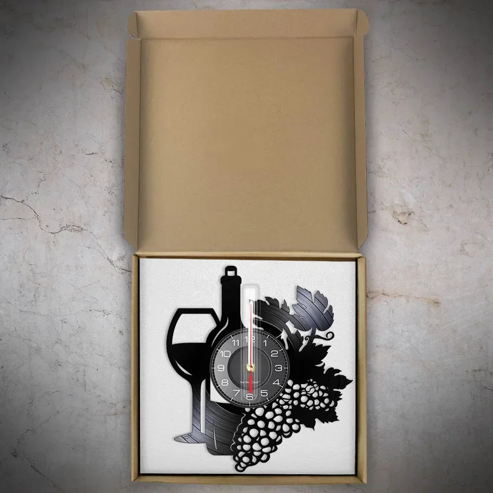 Bouteille De Vin Avec Verre À Vin, Grappe De Raisin, Disque Vinyle, Horloge Murale, Maison, Bar, Décor De Vinerie, Cuisine, Nature Morte, Album En Vinyle