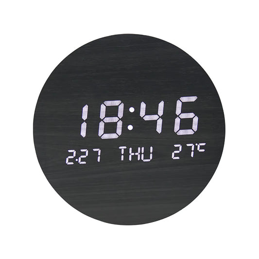 Round LED Wall Clock Wood Grain Texture Nordic Style Digital Temperature Date Display Silent Clocks for Home Living Room Bedroom