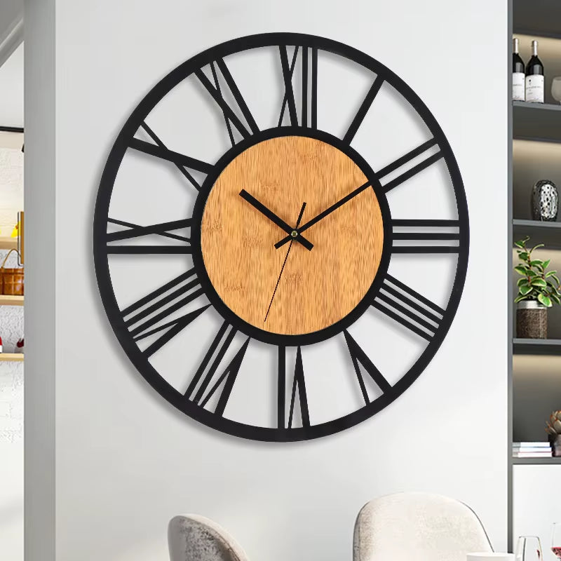 3D Large Wall Clocks Nordic Roman Numerals Retro round Wood Metal Iron Accurate Silent Hanging Ornament Living Room Decoration