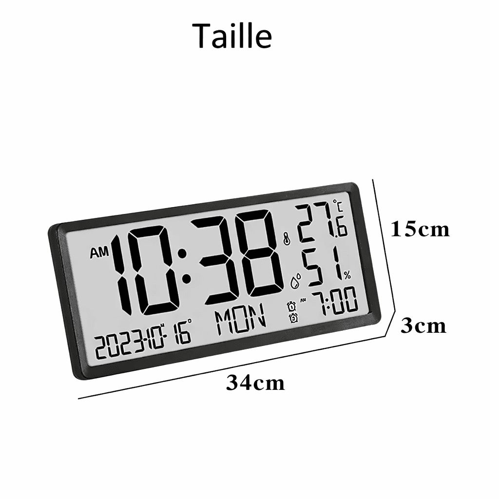 Dimensions de l’horloge murale digitale LED moderne avec largeur et hauteur pour choisir une horloge adaptée à votre intérieur.