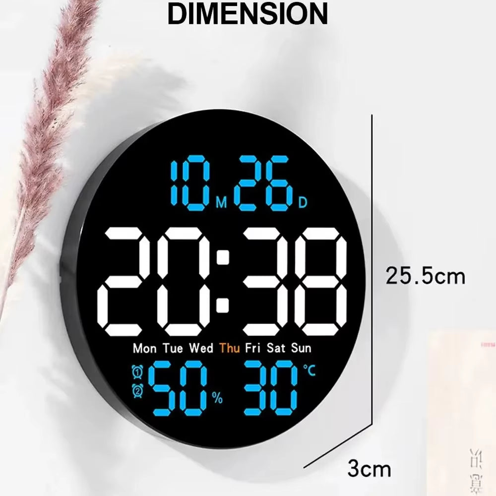Dimensions de l’horloge murale digitale LED moderne avec diamètre et épaisseur, idéale pour choisir une horloge murale design adaptée.