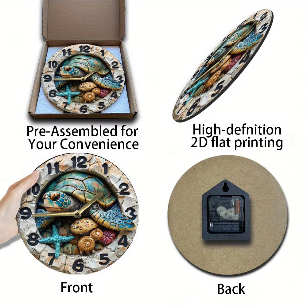 Wooden Wall - Clock with a Sea - Turtle and Seashells Pattern, Ideal for Coastal or Nautical Themed Rooms, Uses AA Batteries