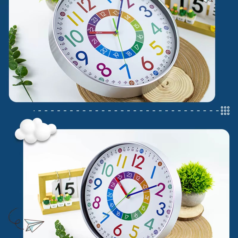 12 Inch Silent Wall Clock Children Classrooms Teaching Clock Hanging Kids Room Non-Ticking Colorful Decorative Clock Home Decor