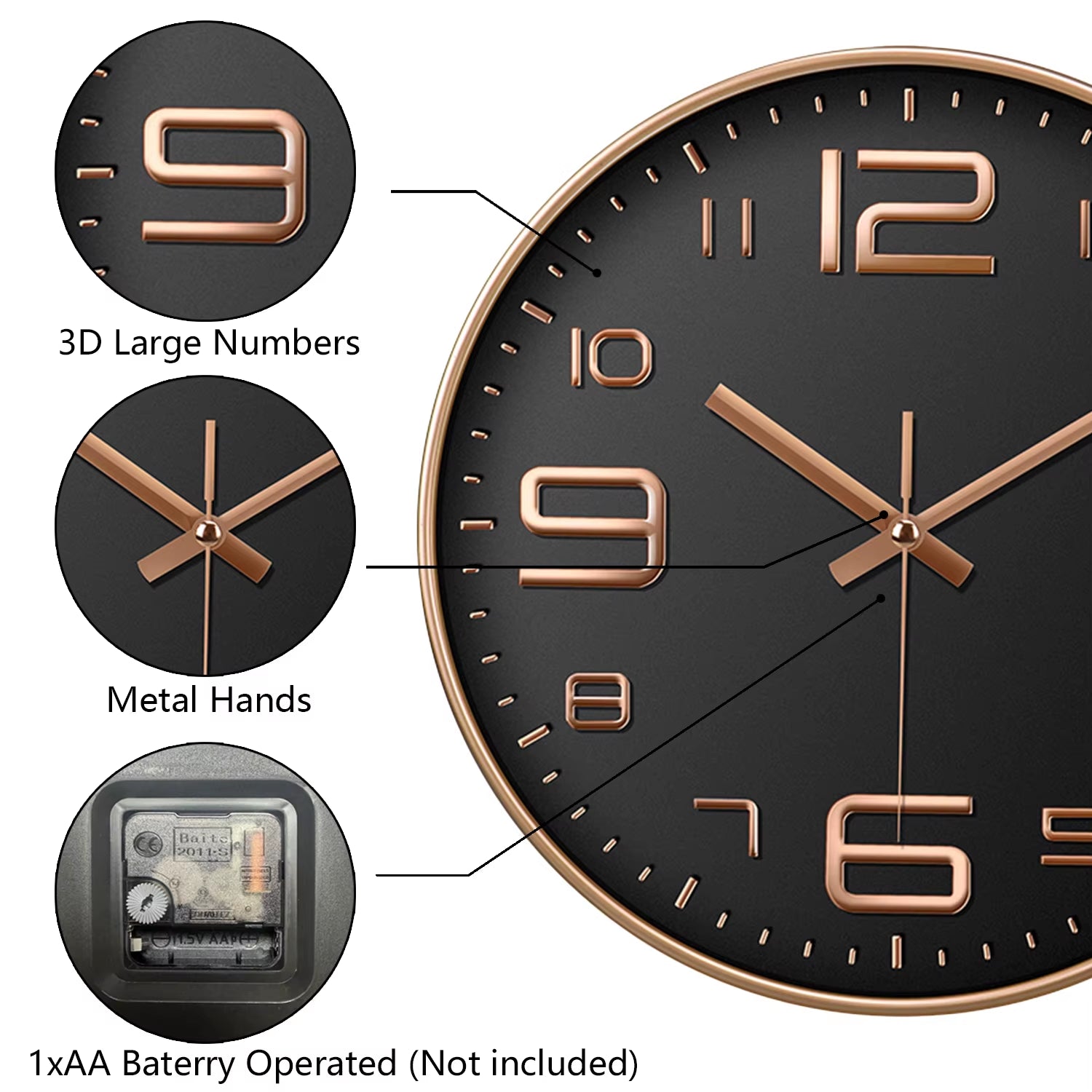12 Inch Modern Quartz Wall Clock Large Cubic Digital Clock Easy to Read Silent Non Ticking Clock for Living Room Kitchen