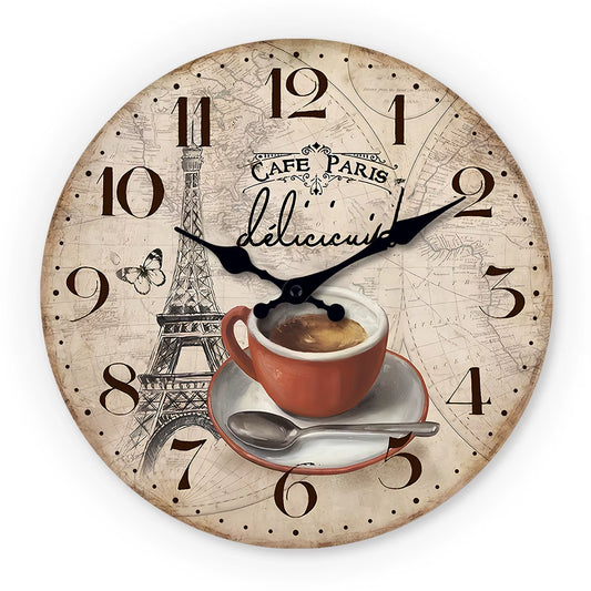 French Retro Paris Eiffel Tower Coffee Cup Wooden Wall Clock Living Room Bedroom Kitchen Home Decoration Wall Clock Silent Quartz Clock Holiday Gift 10 Inches 12 Inches 14 Inches 16Inch (Without Batteries)