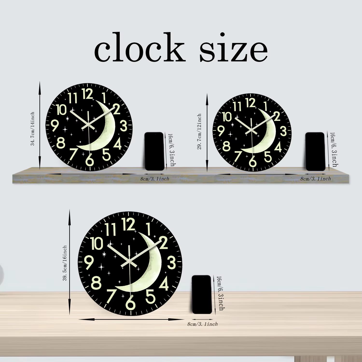 Creative and Simple Night Star and Moon Luminous Wooden Wall Clock Living Room Bedroom Kitchen Home Decoration Wall Clock Silent Quartz Clock Holiday Gift 12 Inches 14 Inches 16Inch (Without Batteries)