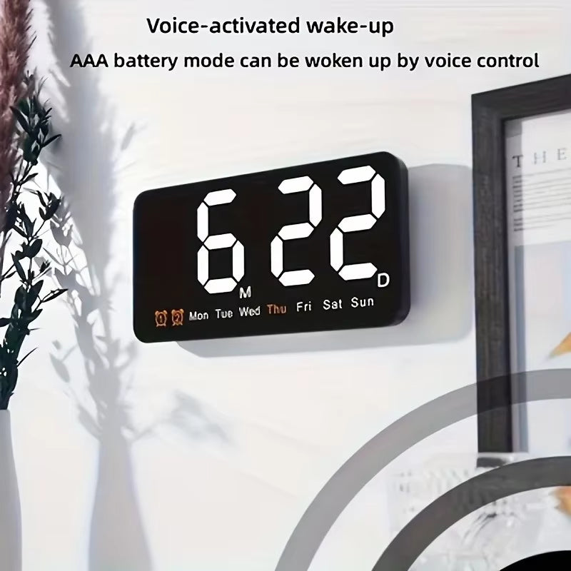 Voice Control Large Digital Wall Clock Temperature Date Week DST Snooze Table Clock 12/24H Dual Alarm Wall-Mounted LED Clock