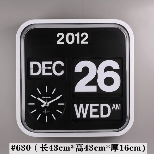 Living Room Wall Clock 43Cm Square Perpetual Calendar Fully Automatic 3D Flip Clock Plastic Fashion Simple Elegant Office Wall