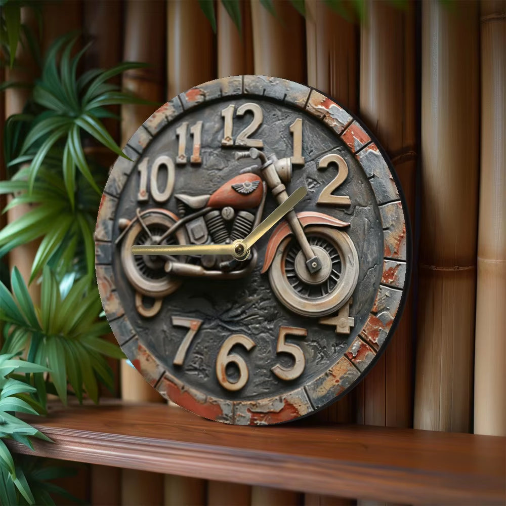 Wooden Wall Clock with Motorcycle Design: Ideal for Home or Garage Decor. Runs on AA Batteries.