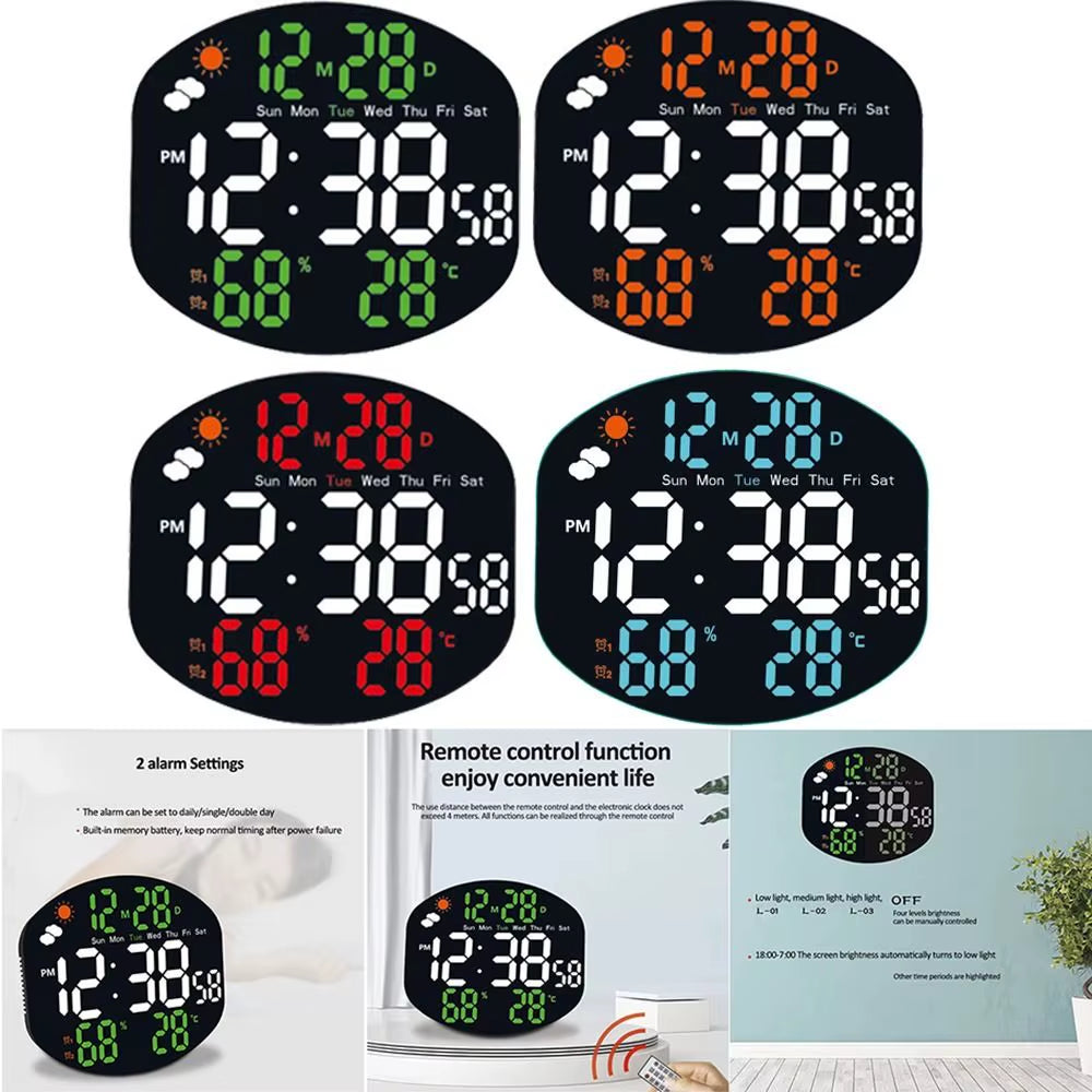 Multi-Functional Large Display Digital Clock Remote Control Mirrored LED Wall Clock Standing/Hanging Humidity/Temp Display