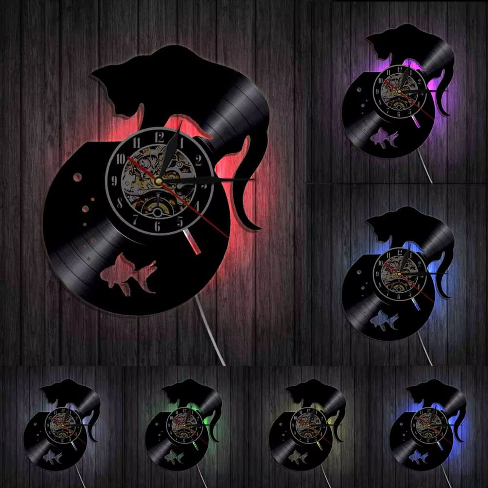 Black Cat and Fishbowl Gold Fish Retro Vinyl Record Wall Clock Living Room Home Decor Gramophone Music Album Record Silent Clock