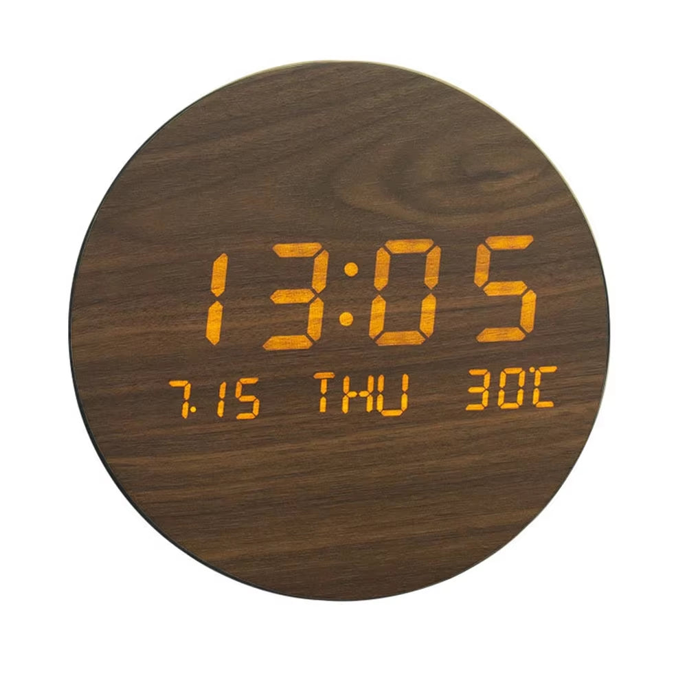 Round LED Wall Clock Wood Grain Texture Nordic Style Digital Temperature Date Display Silent Clocks for Home Living Room Bedroom