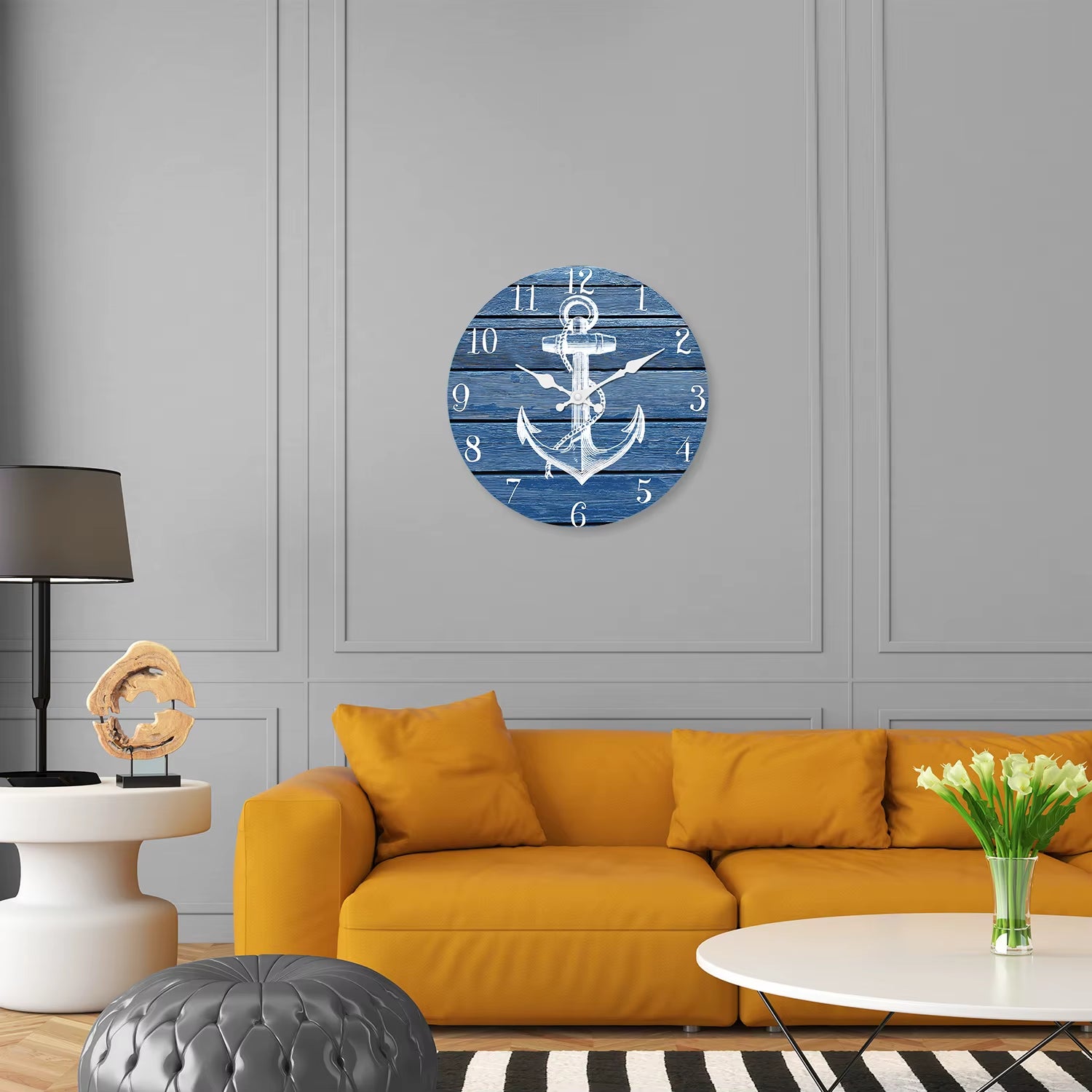 Vintage Anchor Wood Grain Pattern Wooden Wall Clock Living Room Bedroom Kitchen Home Decor Silent Quartz Clock Holiday Gift 10-Inch 12-Inch 14Inch 16Inch (No Battery)