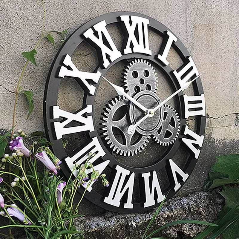 American Gear Vintage Wall Clock Industrial Wooden Silent Wall Clock Living Room Decorative Creative Wall Clock Large Timepiece