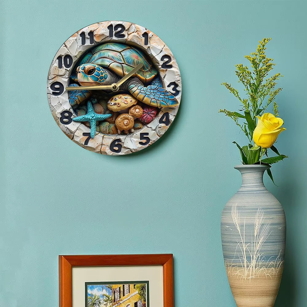 Wooden Wall - Clock with a Sea - Turtle and Seashells Pattern, Ideal for Coastal or Nautical Themed Rooms, Uses AA Batteries