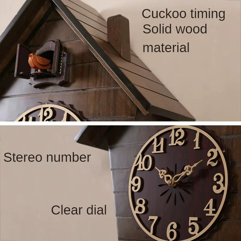 Vintage Cuckoo Clock Pendulum Large Wall Clock Wood 3D Bird Silent Timer Home Bedroom Kids Room House Living Room Decoration