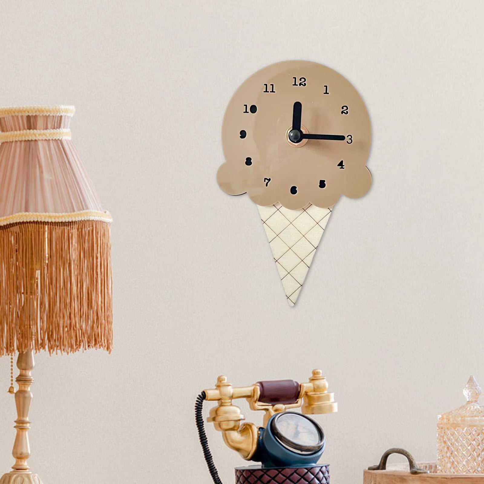 Wall Clock Ice Cream Shape Stylish Wooden Bedroom Clock for Living Room Decorating Children'S Rooms Office Home Wall Decor