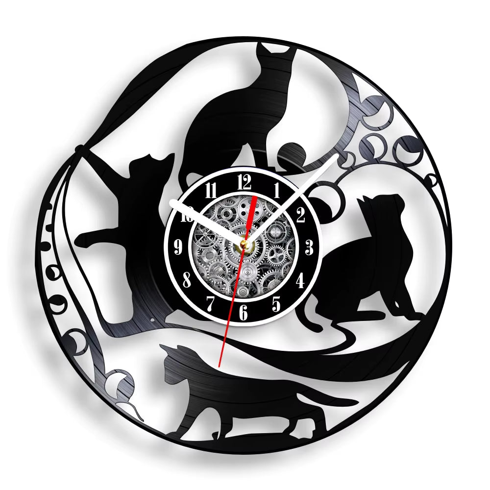 Funny Cat Vinyl Record Wall Clock for Living Room Whimsical Kitty Artwork Retro Music Album Home Decor Watch Housewarming Gift