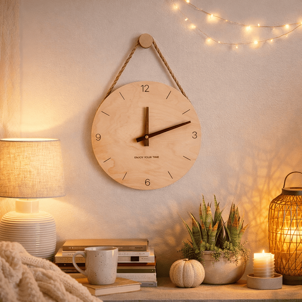 Horloge bois suspendue corde dans chambre cosy avec guirlandes lumineuses