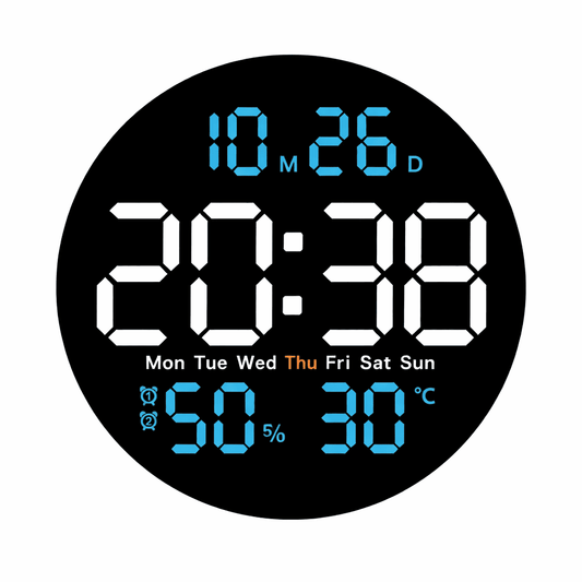 Horloge murale digitale LED moderne noire avec heure, date, température et humidité, idéale pour salon ou bureau contemporain.