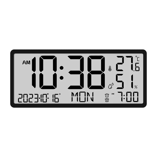 Horloge murale digitale LED blanche avec affichage heure, date, température et humidité, design moderne pour salon ou bureau.