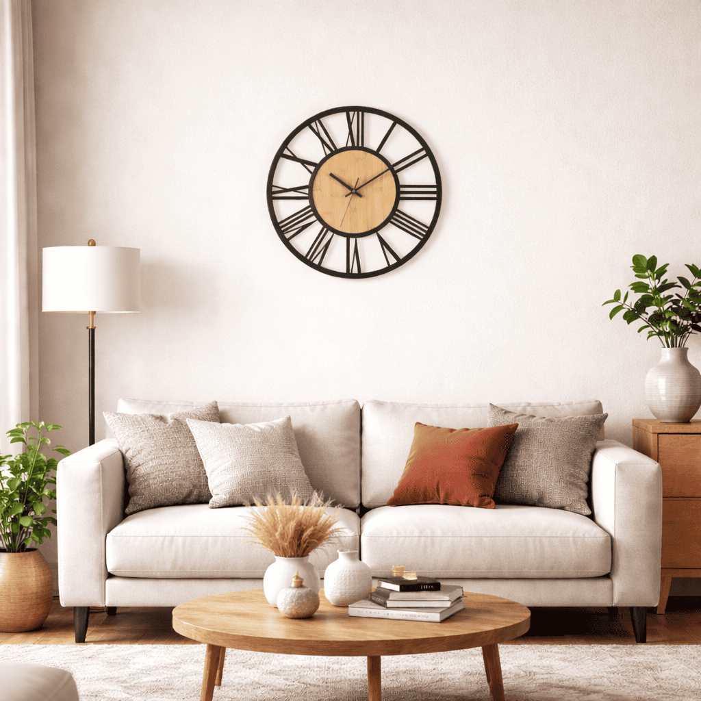 Grande horloge murale industrielle en métal noir avec centre en bois et chiffres romains, installée dans un salon moderne