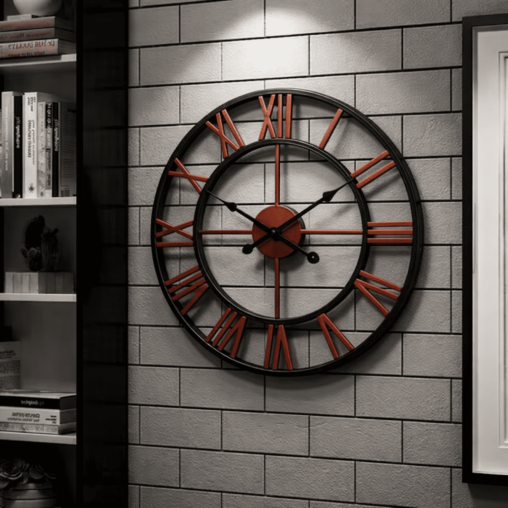 Horloge murale industrielle en métal avec chiffres romains rouges et design ajouré fixée sur un mur moderne style industriel
