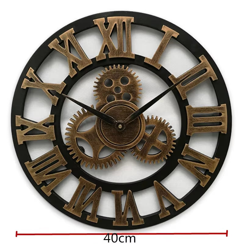 Horloge murale industrielle avec engrenages centraux et chiffres romains, design vintage décoratif avec diamètre de 40 cm