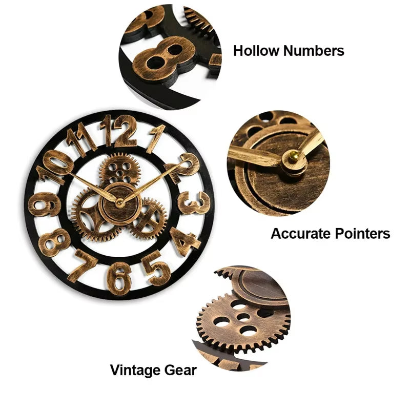 Détail d'une horloge murale industrielle avec engrenages décoratifs et chiffres métalliques, design mécanique inspiré des machines anciennes
