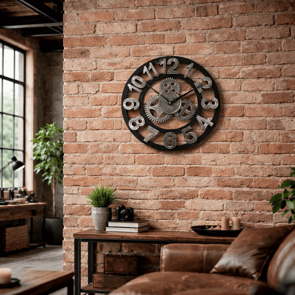 Horloge murale industrielle avec engrenages décoratifs en métal installée sur un mur en briques dans un salon style loft industriel