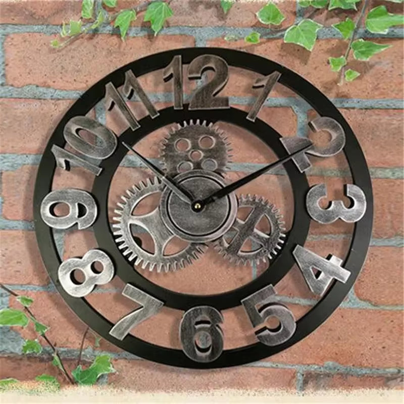 Horloge murale industrielle vintage avec mécanisme d'engrenages décoratifs et chiffres arabes, parfaite pour une décoration murale style factory