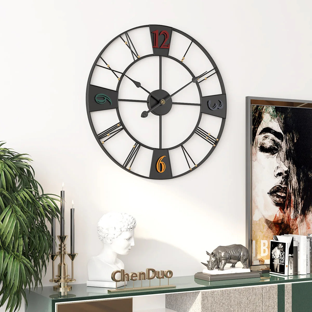 Horloge murale industrielle en métal installée dans un salon moderne, grande structure minimaliste décorative au style contemporain