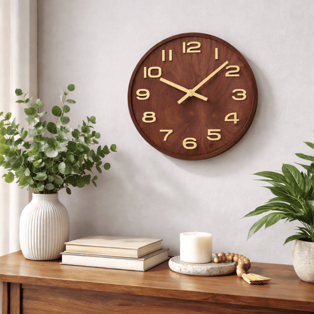 Horloge murale en noyer Zen Tradition avec chiffres 3D dorés sur meuble en bois