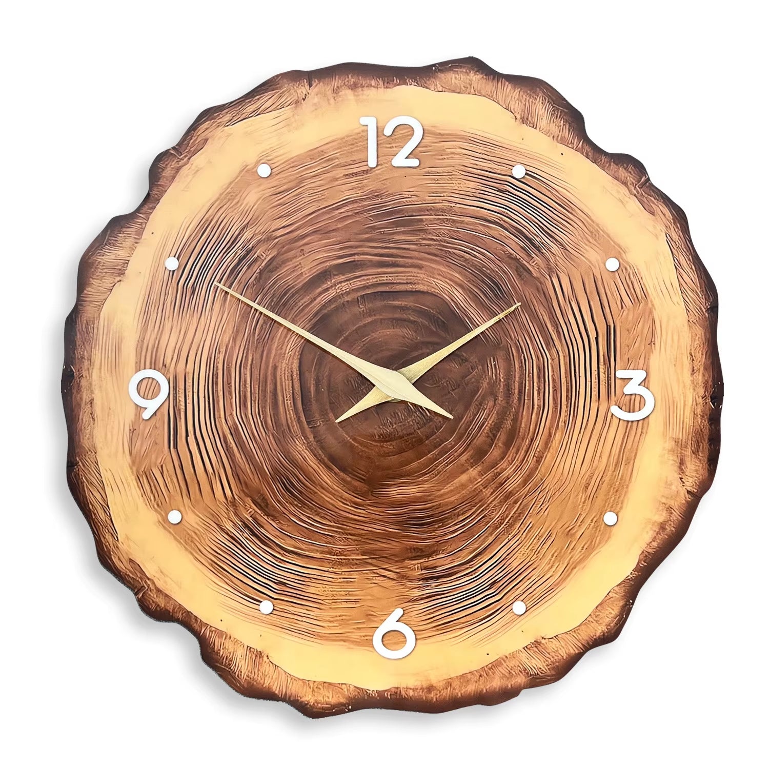 Horloge murale tranche de bois avec cernes naturels et aiguilles dorées